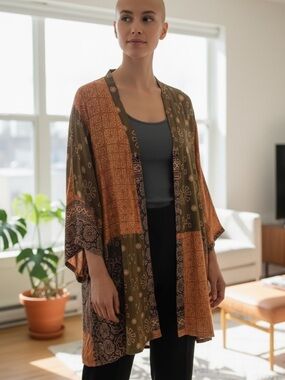 90s TANAMI KIMONO BOHO OVERSIZED MIXED FLORAL & GEO PRINT JACKET COVERUP SZ S